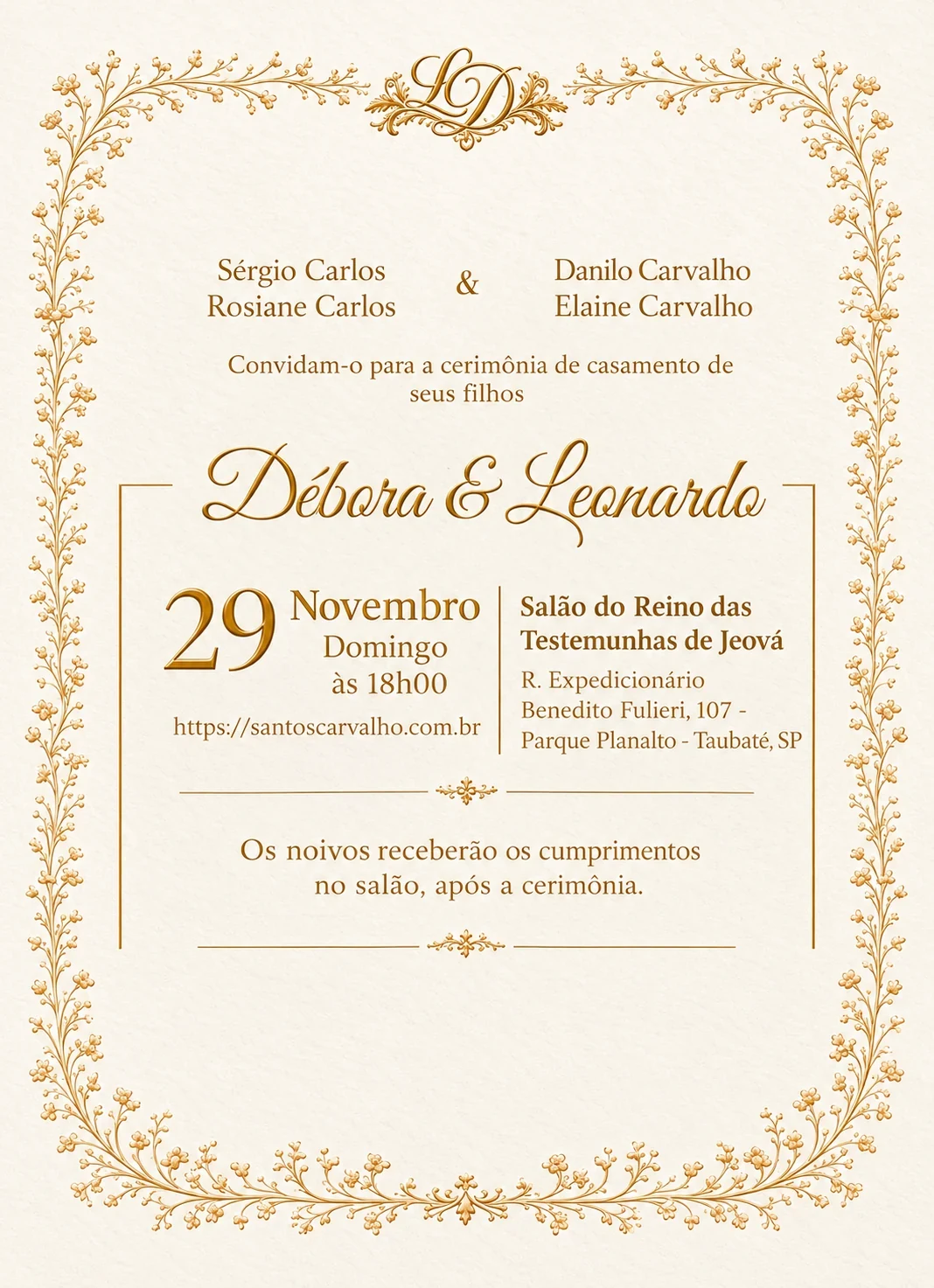 Convite: Débora e Leonardo, 29 de novembro de 2026, domingo às 18h, no Salão do Reino das Testemunhas de Jeová, Rua Expedicionário Benedito Fulieri 107, Parque Planalto, Taubaté SP